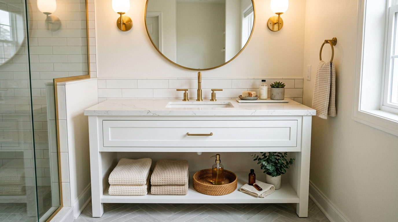 Modern bathroom vanity with quartz countertop, undermount sink, and brass hardware
