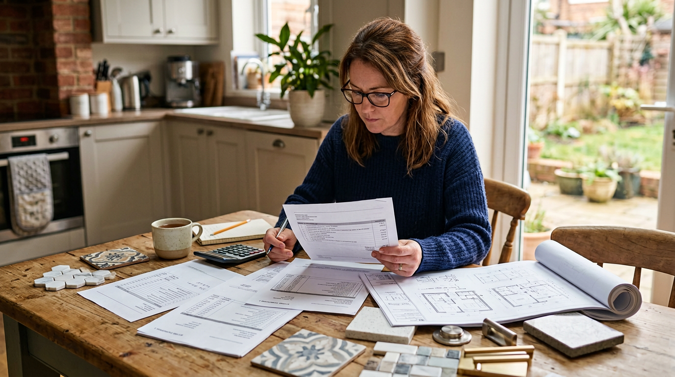 Homeowner reviewing contractor estimates at a kitchen table with bathroom blueprints